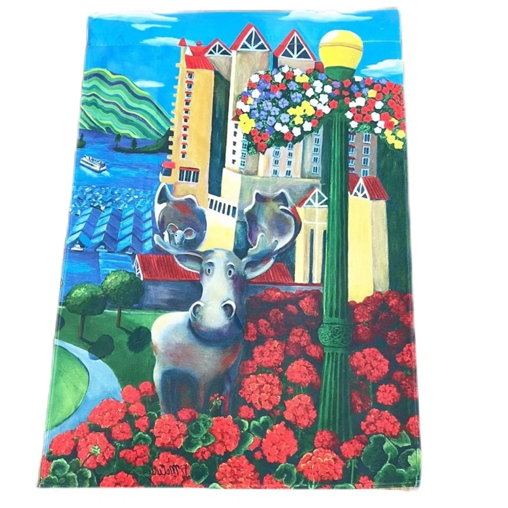 D McCulley Moose in the City Floral Flag Tapestry Wall Hanging Decor